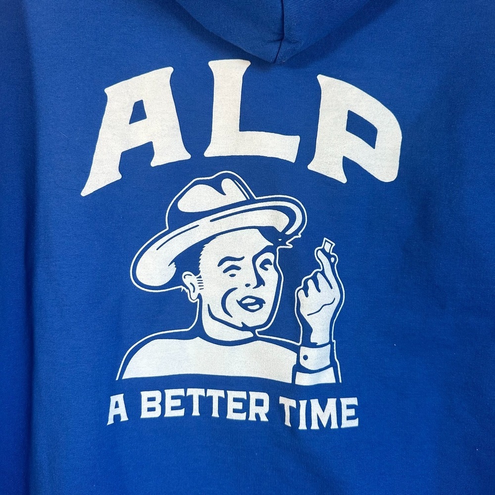 ALP A Better Time Hoodie Royal Blue Graphic Streetwear sz Large Nicotine Warning